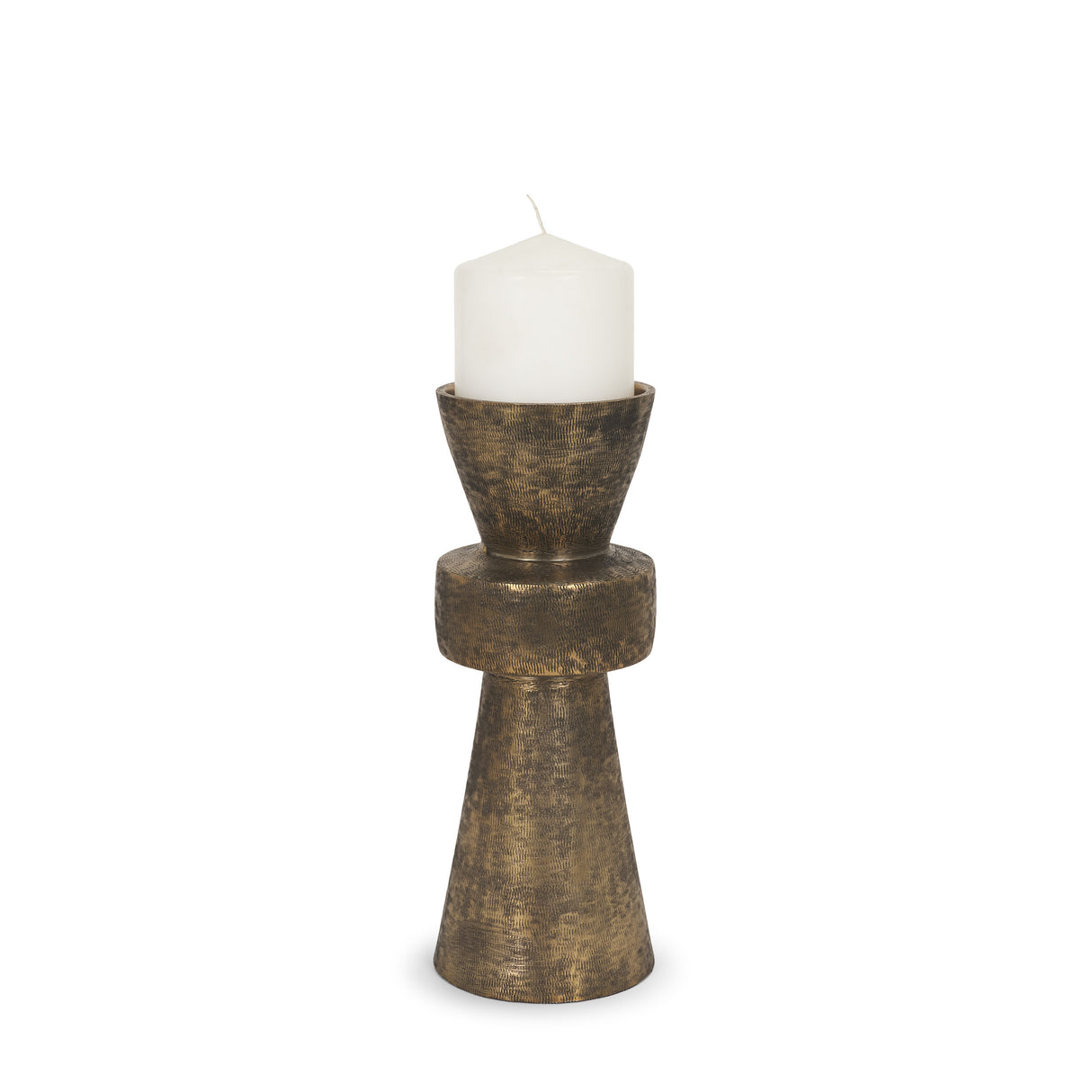Odilia Small Textured Antiqued Gold Metal Geometric Pillar Candle Holder from Mercana - Luna Furniture