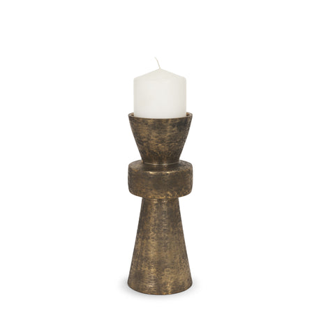 Odilia Small Textured Antiqued Gold Metal Geometric Pillar Candle Holder from Mercana - Luna Furniture
