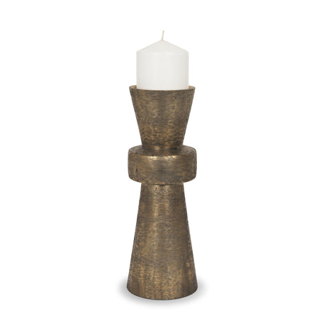 Odilia Large Textured Antiqued Gold Metal Geometric Pillar Candle Holder from Mercana - Luna Furniture