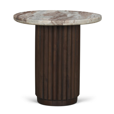 Marbrello Pink Marble Top Espresso Brown Fluted Wood Round Side Table from Mercana - Luna Furniture