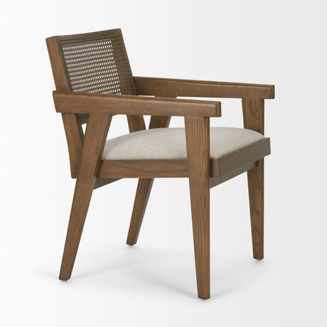Reid Framed Brown Cane Cream Fabric Dining Armchair from Mercana - Luna Furniture