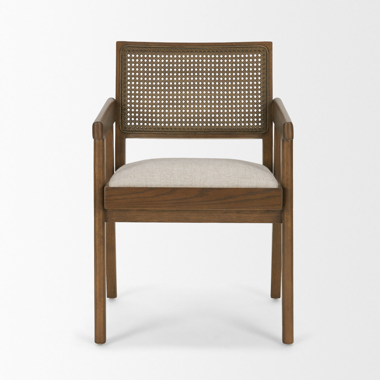 Reid Framed Brown Cane Cream Fabric Dining Armchair from Mercana - Luna Furniture