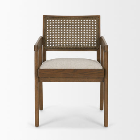 Reid Framed Brown Cane Cream Fabric Dining Armchair from Mercana - Luna Furniture