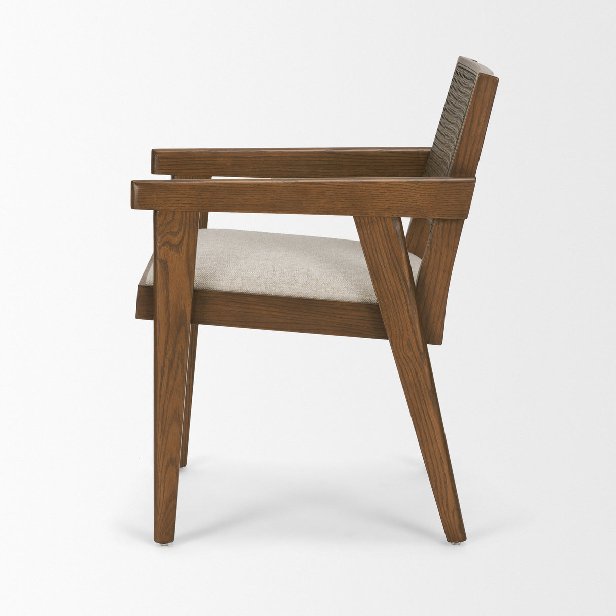 Reid Framed Brown Cane Cream Fabric Dining Armchair from Mercana - Luna Furniture