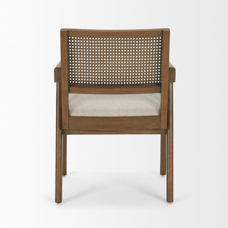 Reid Framed Brown Cane Cream Fabric Dining Armchair from Mercana - Luna Furniture