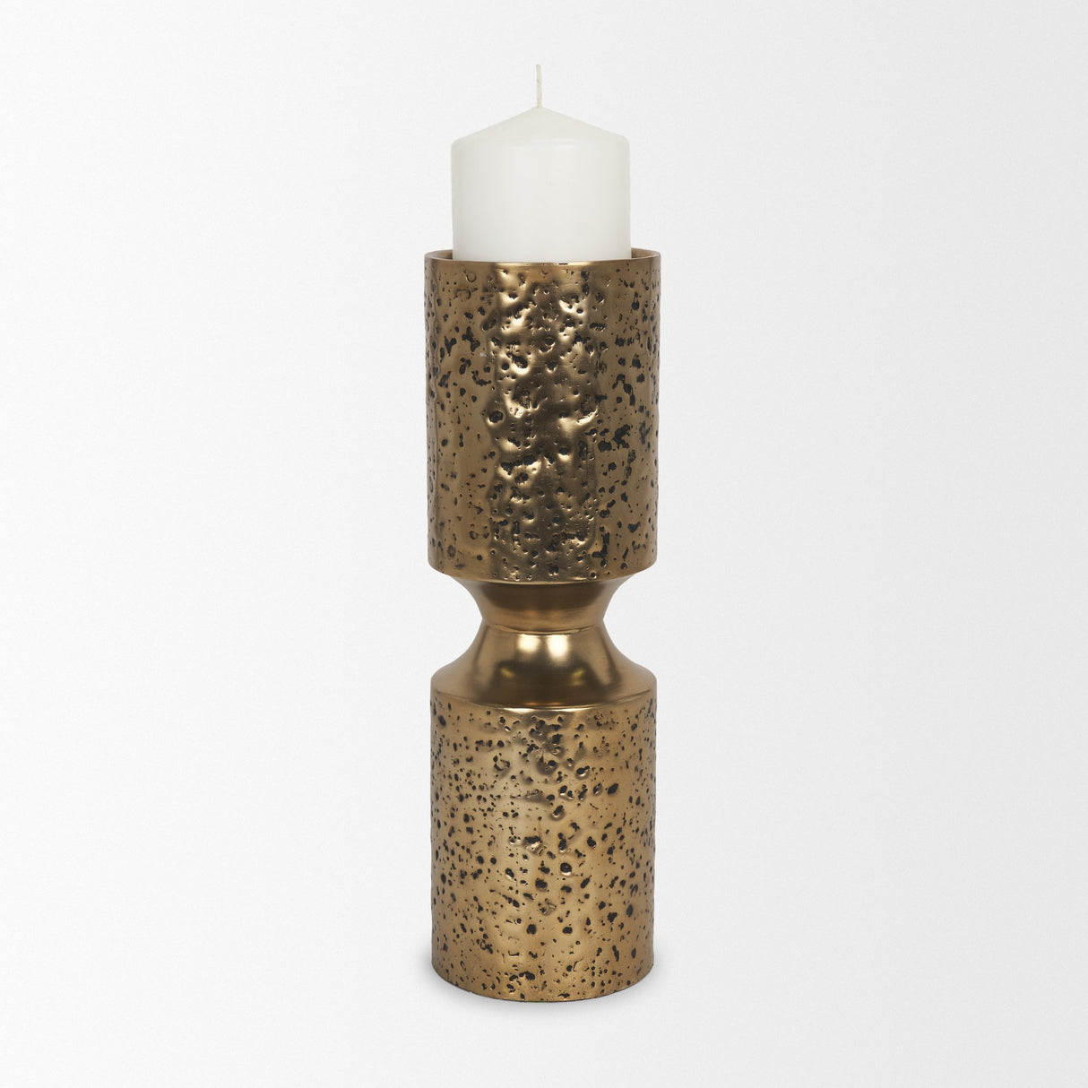 Akira Large Hammered Gold Metal Pillar Candle Holder from Mercana - Luna Furniture