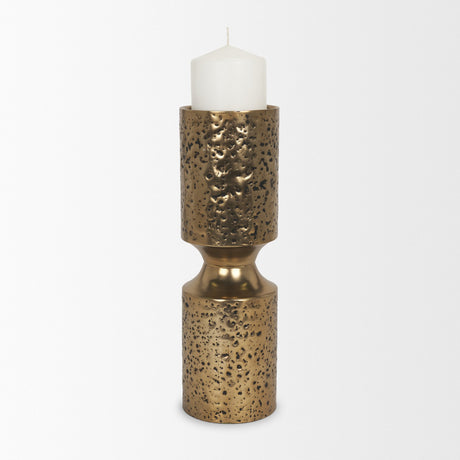 Akira Large Hammered Gold Metal Pillar Candle Holder from Mercana - Luna Furniture