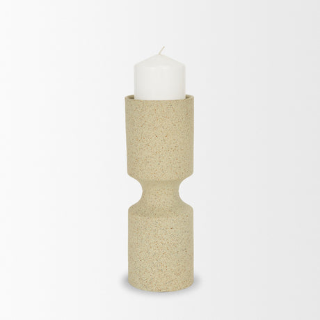 Akira Small Textured Beige Metal Pillar Candle Holder from Mercana - Luna Furniture