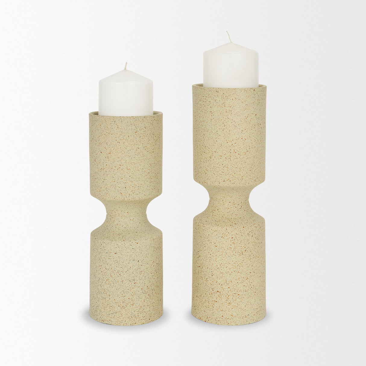 Akira Small Textured Beige Metal Pillar Candle Holder from Mercana - Luna Furniture
