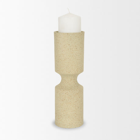 Akira Large Textured Beige Metal Pillar Candle Holder from Mercana - Luna Furniture
