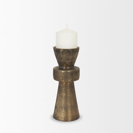 Odilia Small Textured Antiqued Gold Metal Geometric Pillar Candle Holder from Mercana - Luna Furniture