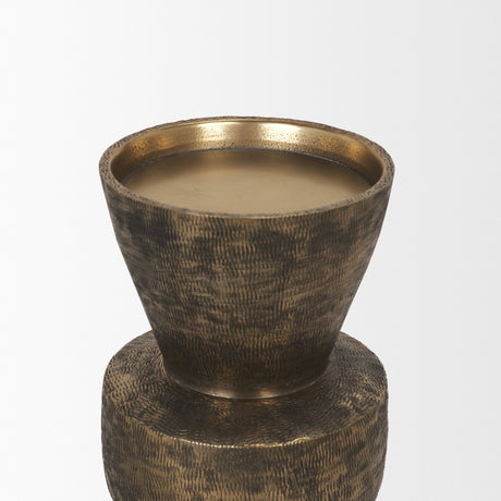 Odilia Small Textured Antiqued Gold Metal Geometric Pillar Candle Holder from Mercana - Luna Furniture