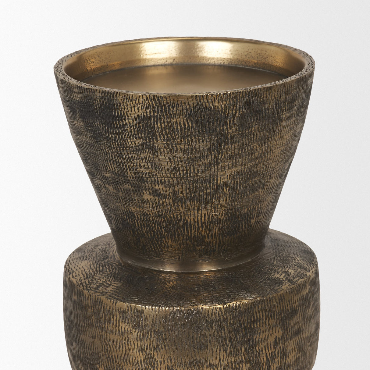 Odilia Small Textured Antiqued Gold Metal Geometric Pillar Candle Holder from Mercana - Luna Furniture
