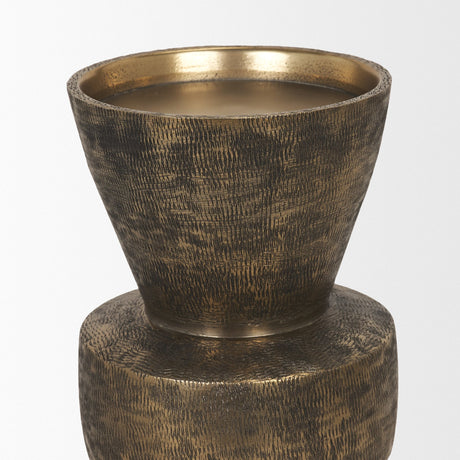 Odilia Small Textured Antiqued Gold Metal Geometric Pillar Candle Holder from Mercana - Luna Furniture