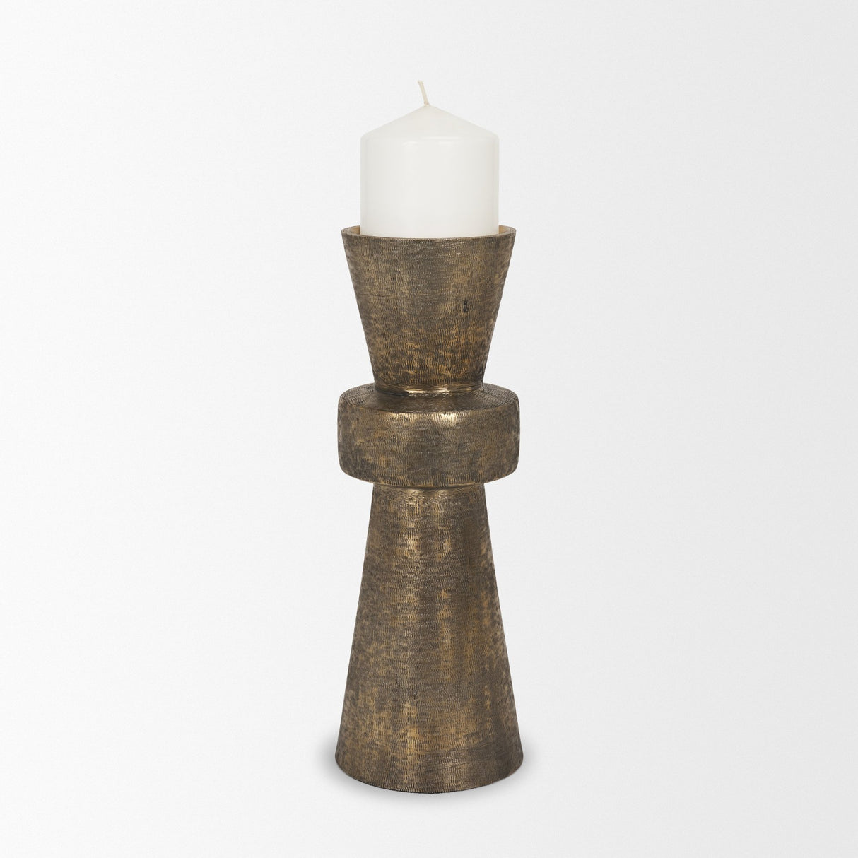 Odilia Large Textured Antiqued Gold Metal Geometric Pillar Candle Holder from Mercana - Luna Furniture