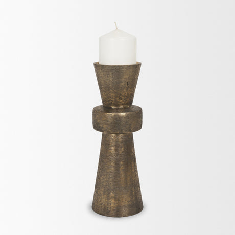 Odilia Large Textured Antiqued Gold Metal Geometric Pillar Candle Holder from Mercana - Luna Furniture