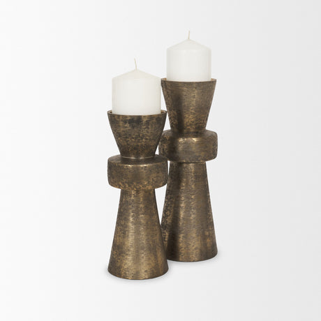 Odilia Large Textured Antiqued Gold Metal Geometric Pillar Candle Holder from Mercana - Luna Furniture