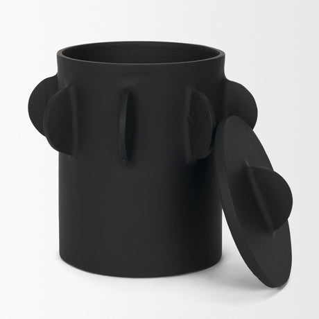Deacon Large Matte Black Metal Canister with Sculptural Handles from Mercana - Luna Furniture