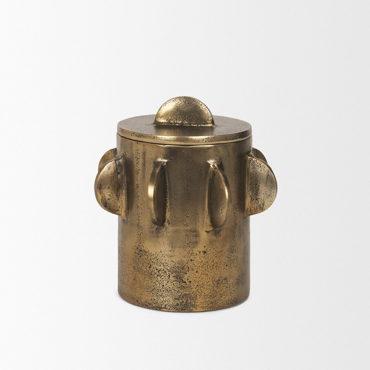 Deacon Small Antiqued Gold Metal Canister with Sculptural Handles from Mercana - Luna Furniture