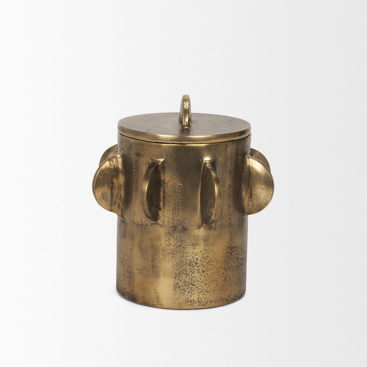 Deacon Small Antiqued Gold Metal Canister with Sculptural Handles from Mercana - Luna Furniture