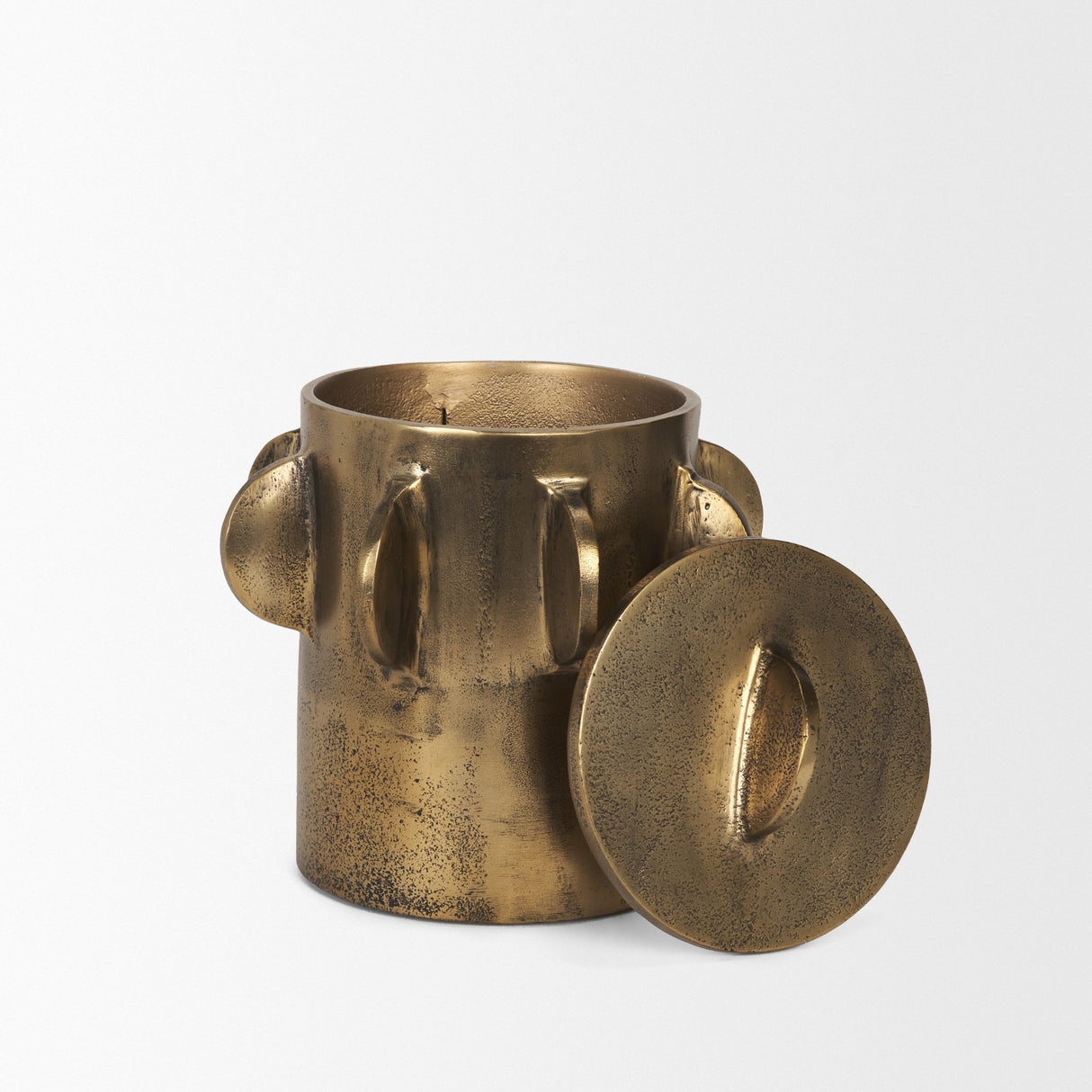 Deacon Small Antiqued Gold Metal Canister with Sculptural Handles from Mercana - Luna Furniture