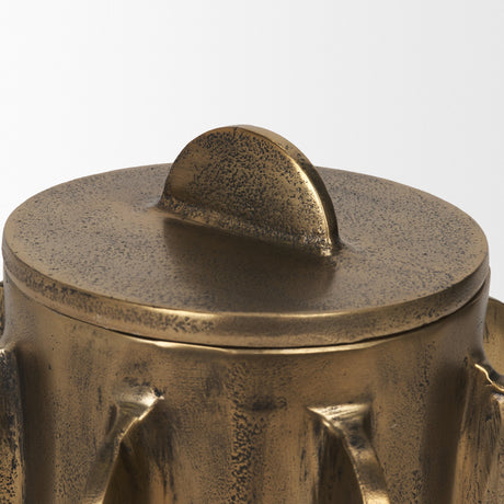 Deacon Small Antiqued Gold Metal Canister with Sculptural Handles from Mercana - Luna Furniture
