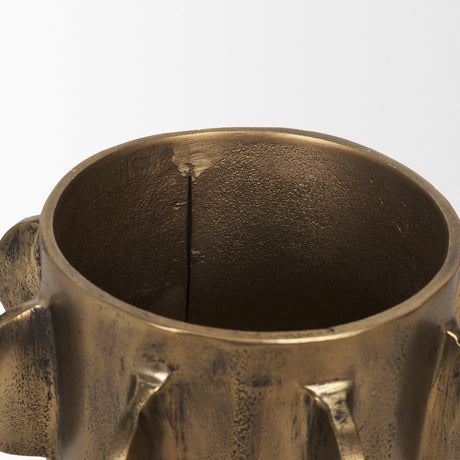 Deacon Small Antiqued Gold Metal Canister with Sculptural Handles from Mercana - Luna Furniture