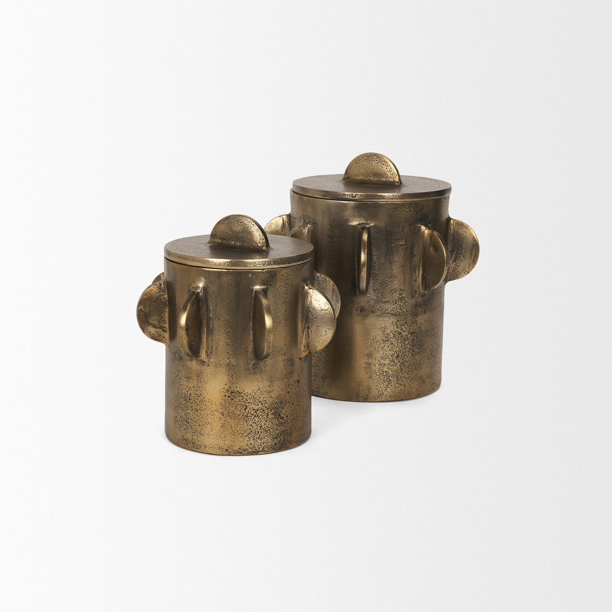 Deacon Small Antiqued Gold Metal Canister with Sculptural Handles from Mercana - Luna Furniture