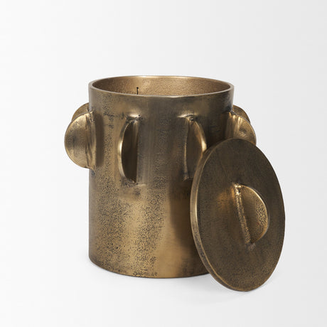 Deacon Large Antiqued Gold Metal Canister with Sculptural Handles from Mercana - Luna Furniture