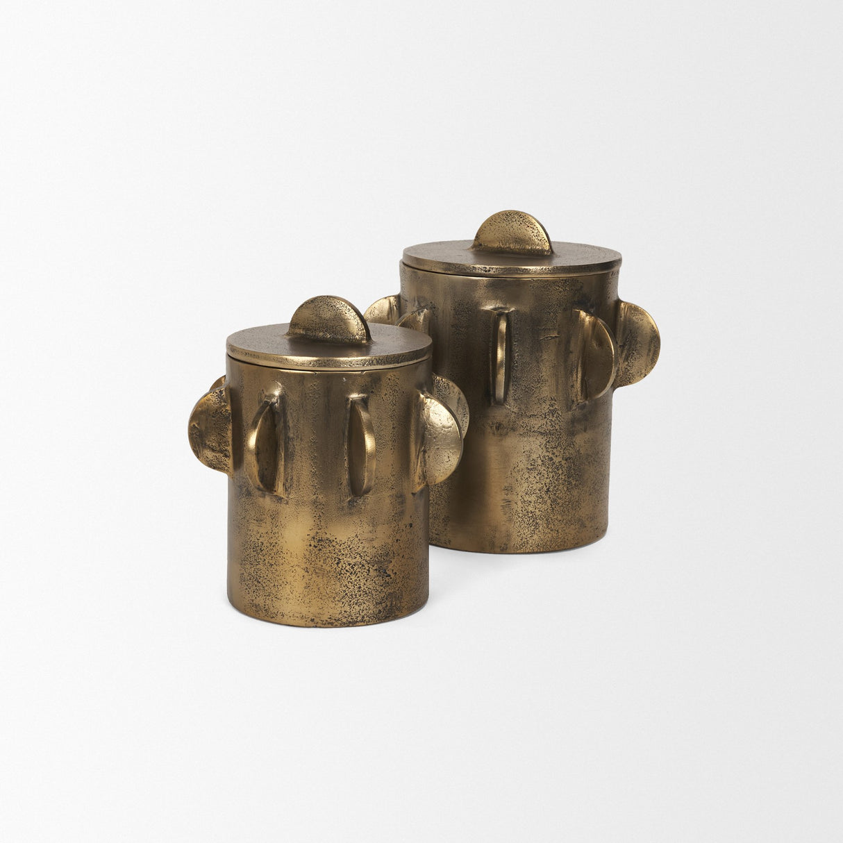 Deacon Large Antiqued Gold Metal Canister with Sculptural Handles from Mercana - Luna Furniture