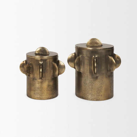 Deacon Large Antiqued Gold Metal Canister with Sculptural Handles from Mercana - Luna Furniture