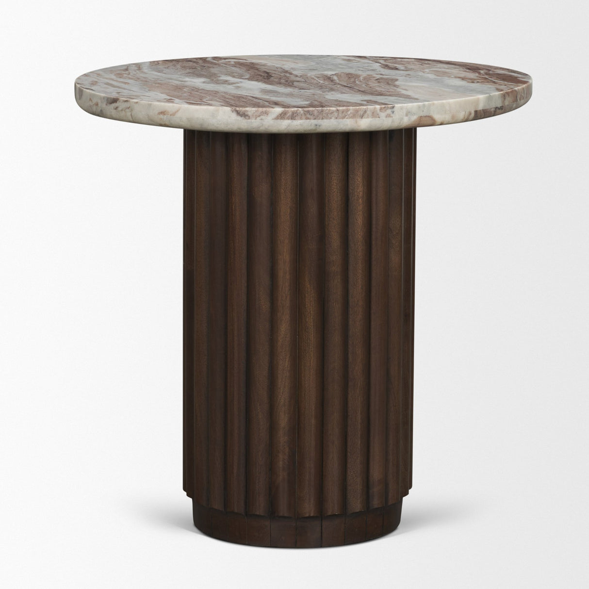 Marbrello Pink Marble Top Espresso Brown Fluted Wood Round Side Table from Mercana - Luna Furniture