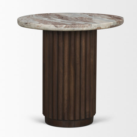 Marbrello Pink Marble Top Espresso Brown Fluted Wood Round Side Table from Mercana - Luna Furniture