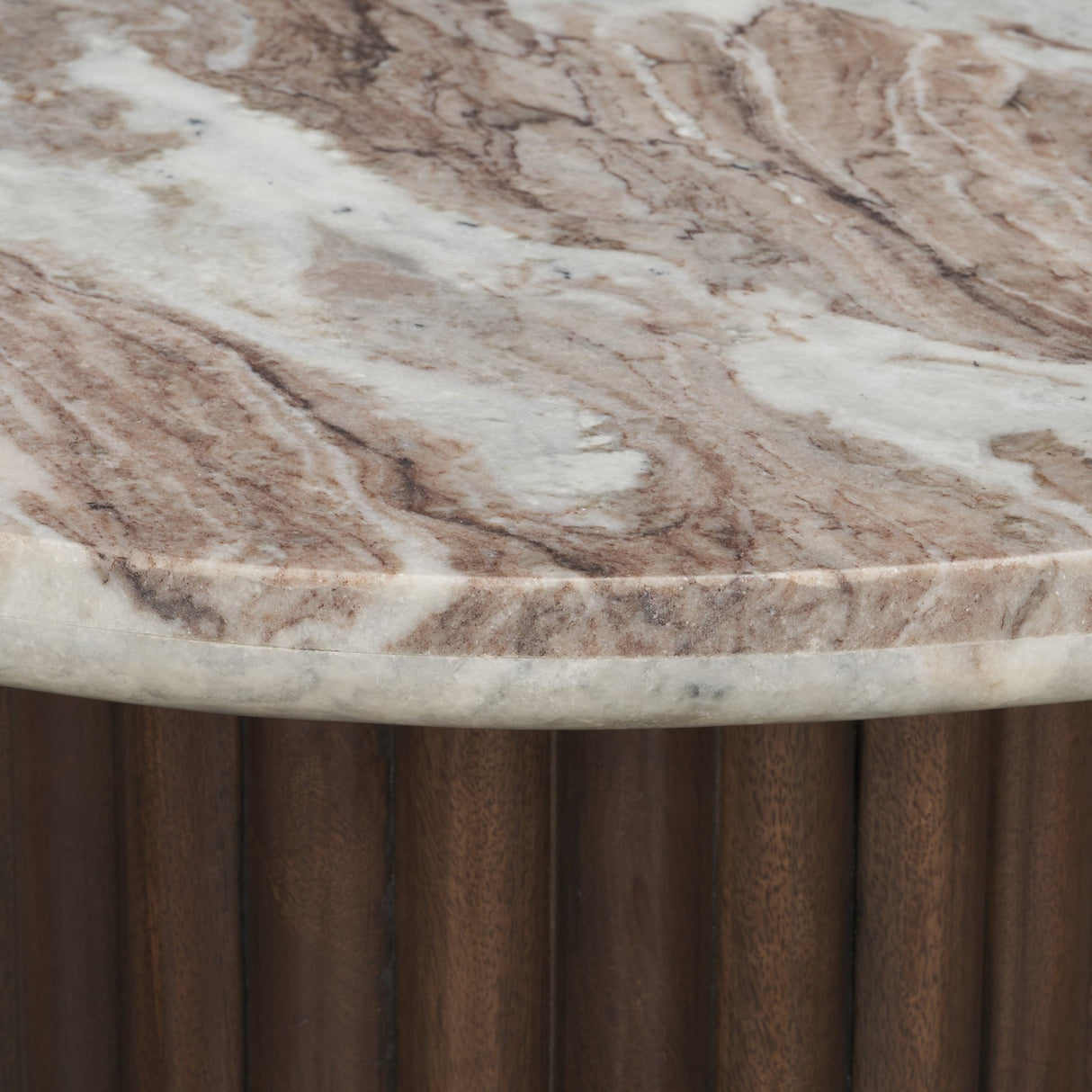 Marbrello Pink Marble Top Espresso Brown Fluted Wood Round Side Table from Mercana - Luna Furniture