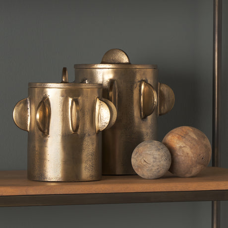 Deacon Large Antiqued Gold Metal Canister with Sculptural Handles from Mercana - Luna Furniture