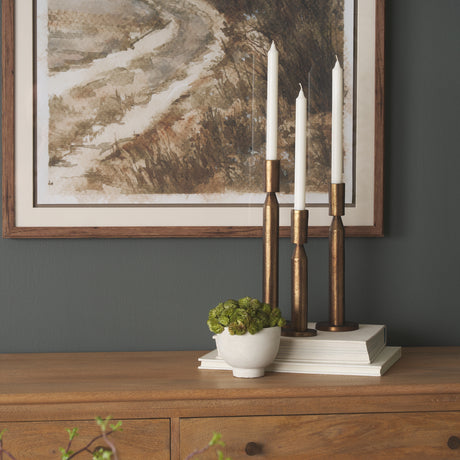 Declan Antiqued Brass Cast Metal Taper Candle Holder from Mercana - Luna Furniture
