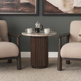Marbrello Pink Marble Top Espresso Brown Fluted Wood Round Side Table from Mercana - Luna Furniture