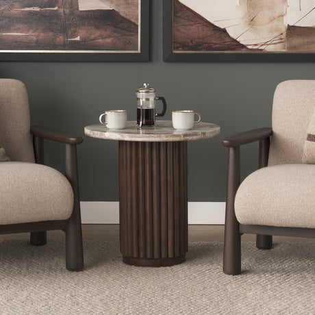 Marbrello Pink Marble Top Espresso Brown Fluted Wood Round Side Table from Mercana - Luna Furniture