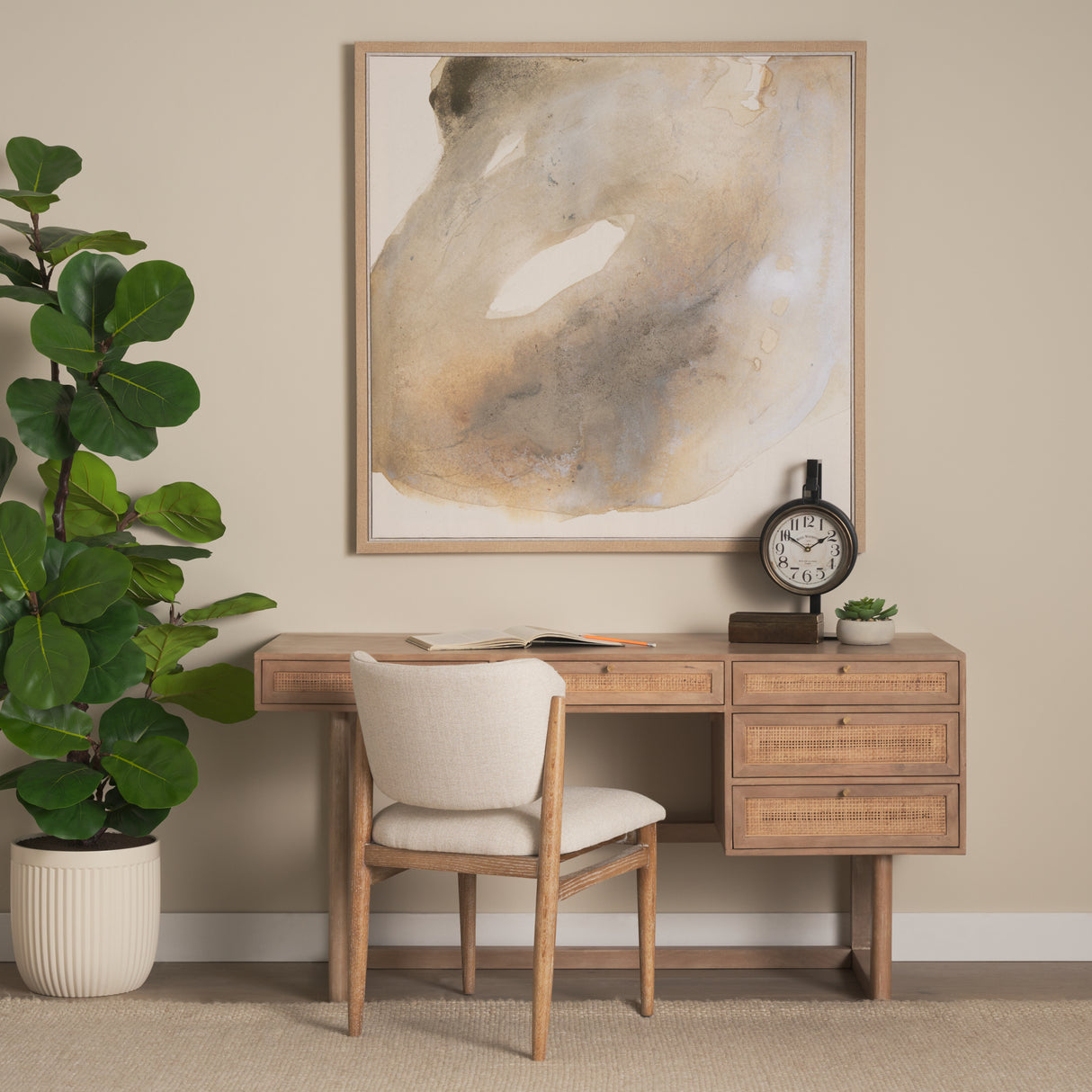 Grier 60" Light Brown Solid Wood W/Cane Office Desk from Mercana - Luna Furniture