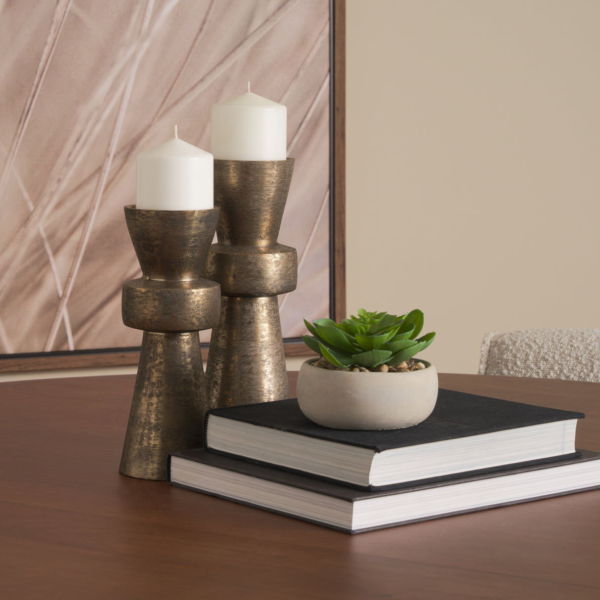 Odilia Large Textured Antiqued Gold Metal Geometric Pillar Candle Holder from Mercana - Luna Furniture