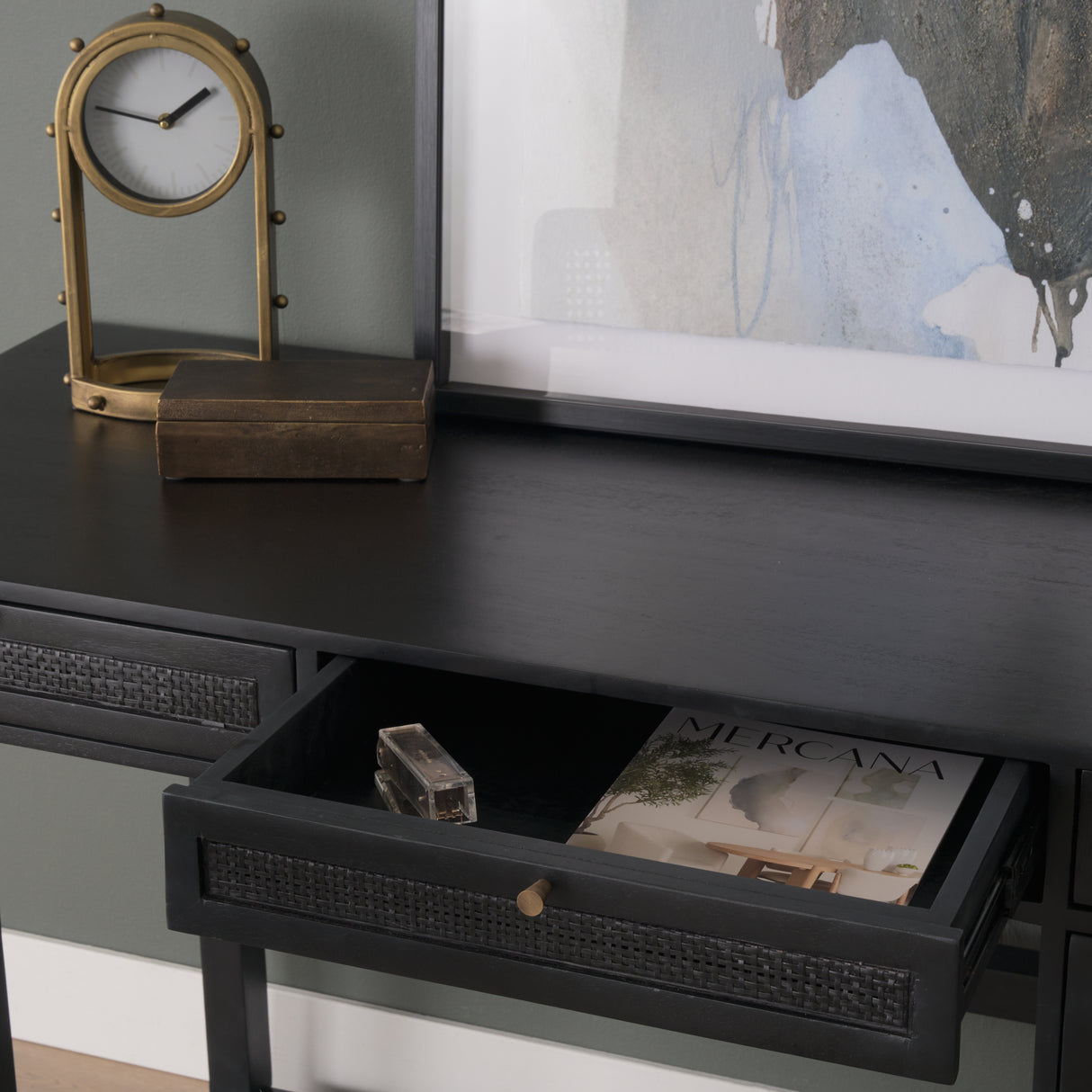 Grier 60" Black Solid Wood W/ Black Cane Office Desk from Mercana - Luna Furniture