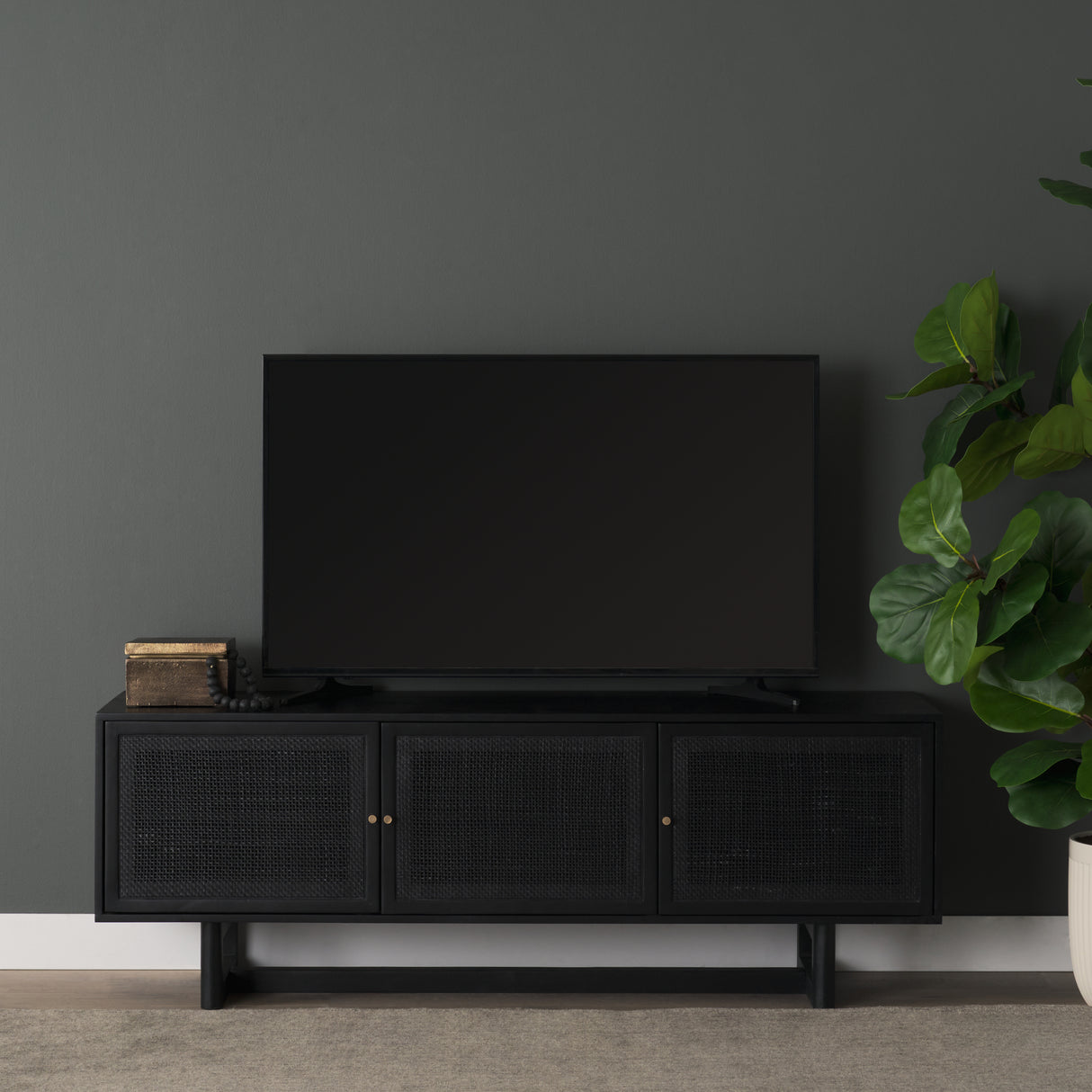 Grier 65" Black Solid Wood W/ Black Cane Media Console from Mercana - Luna Furniture