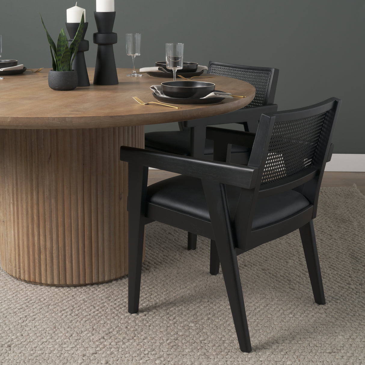 Reid Framed Black Cane Black Fabric Dining Armchair from Mercana - Luna Furniture