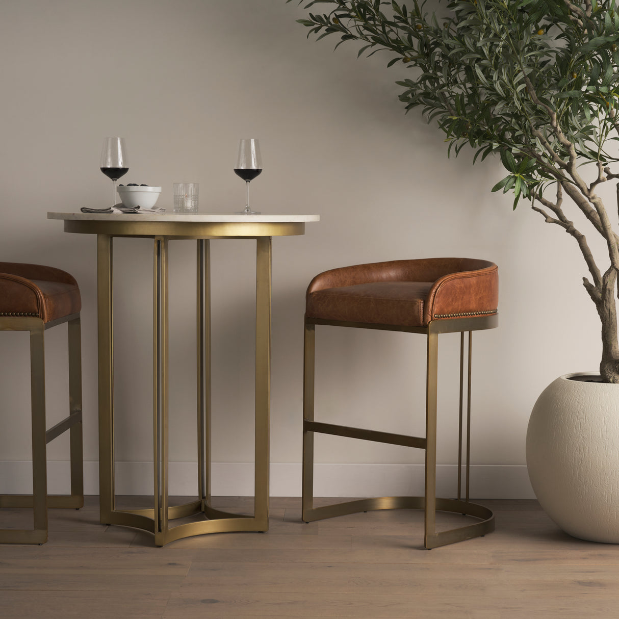 Hollyfield II Brown Leather Seat Gold Metal Base Bar Stool from Mercana - Luna Furniture