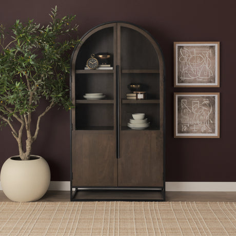 Sloan 42W x 80H Dark Brown Wood W/Black Metal Arched Curio Cabinet from Mercana - Luna Furniture
