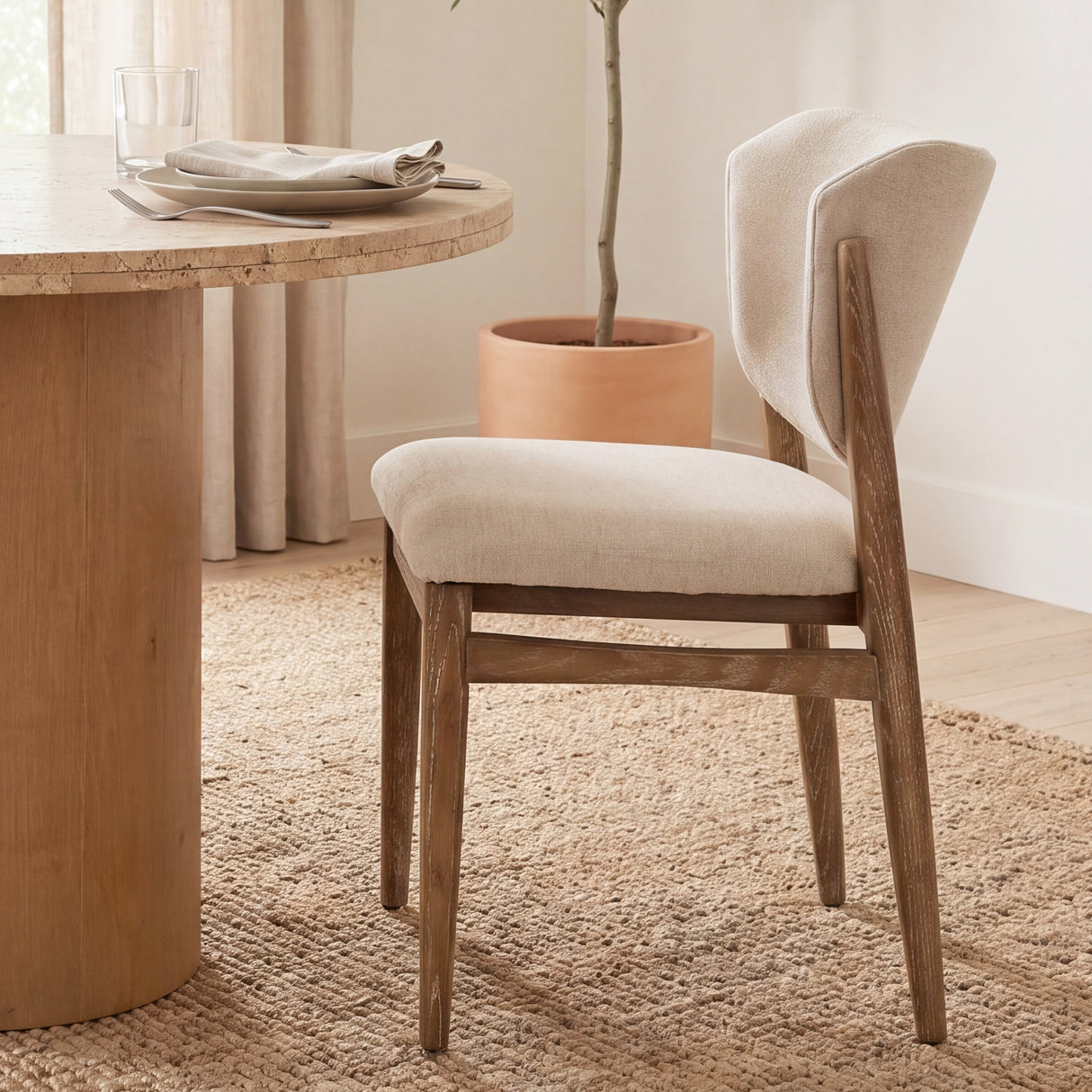 Cline Cream Fabric Upholstered and Light Brown Wood Dining Chair, Set of 2