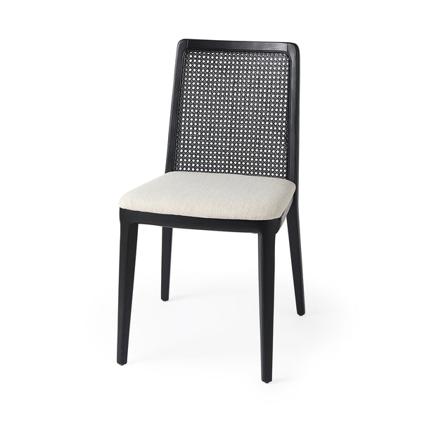 Clara Black Beech Wood W/ Cream Fabric Seat and Cane Back Armless Dining Chair, Set of 2