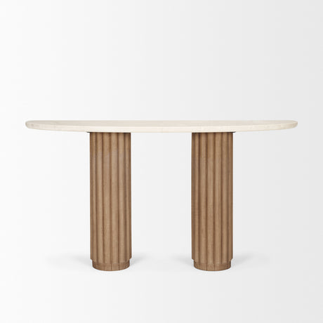 Marbrello Botticino Marble Top Light Brown Fluted Wood Half Moon Console Table from Mercana - Luna Furniture