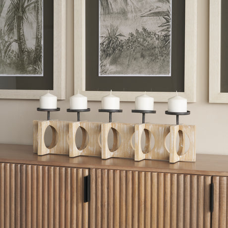 Cambie 29.0L x 6.0W x 9.0H Natural Wood W/Black Metal Candle Holders from Mercana - Luna Furniture