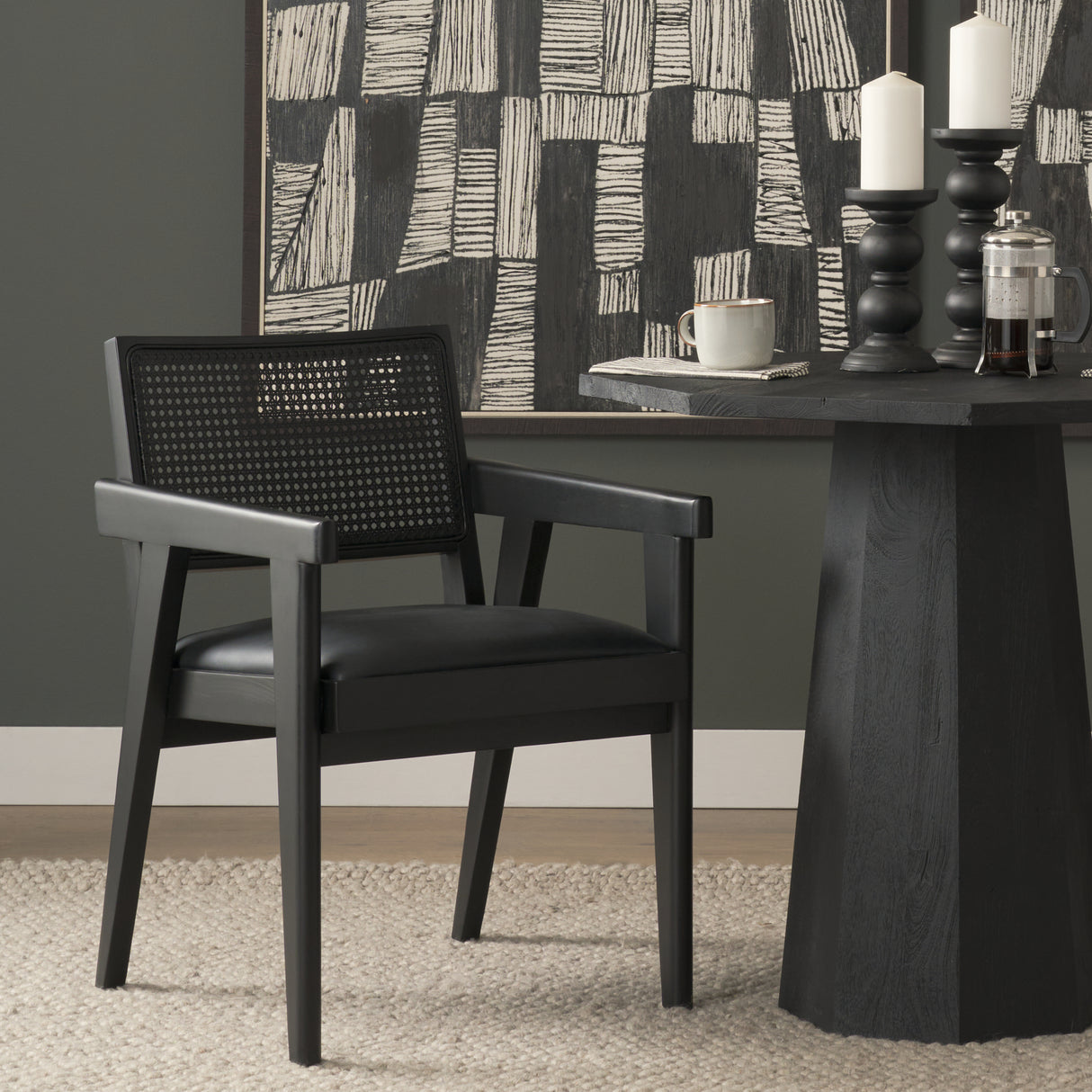 Reid Framed Black Cane Black Fabric Dining Armchair from Mercana - Luna Furniture